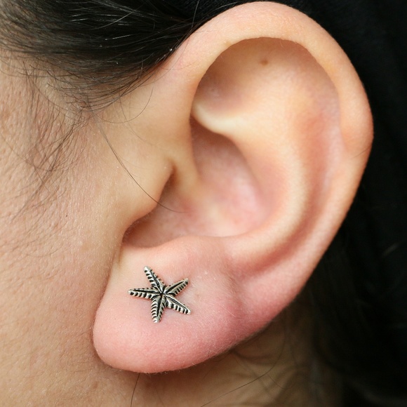 925 Sterling Silver Star Fish 10 mm Stud Earrings - Picture 3 of 7